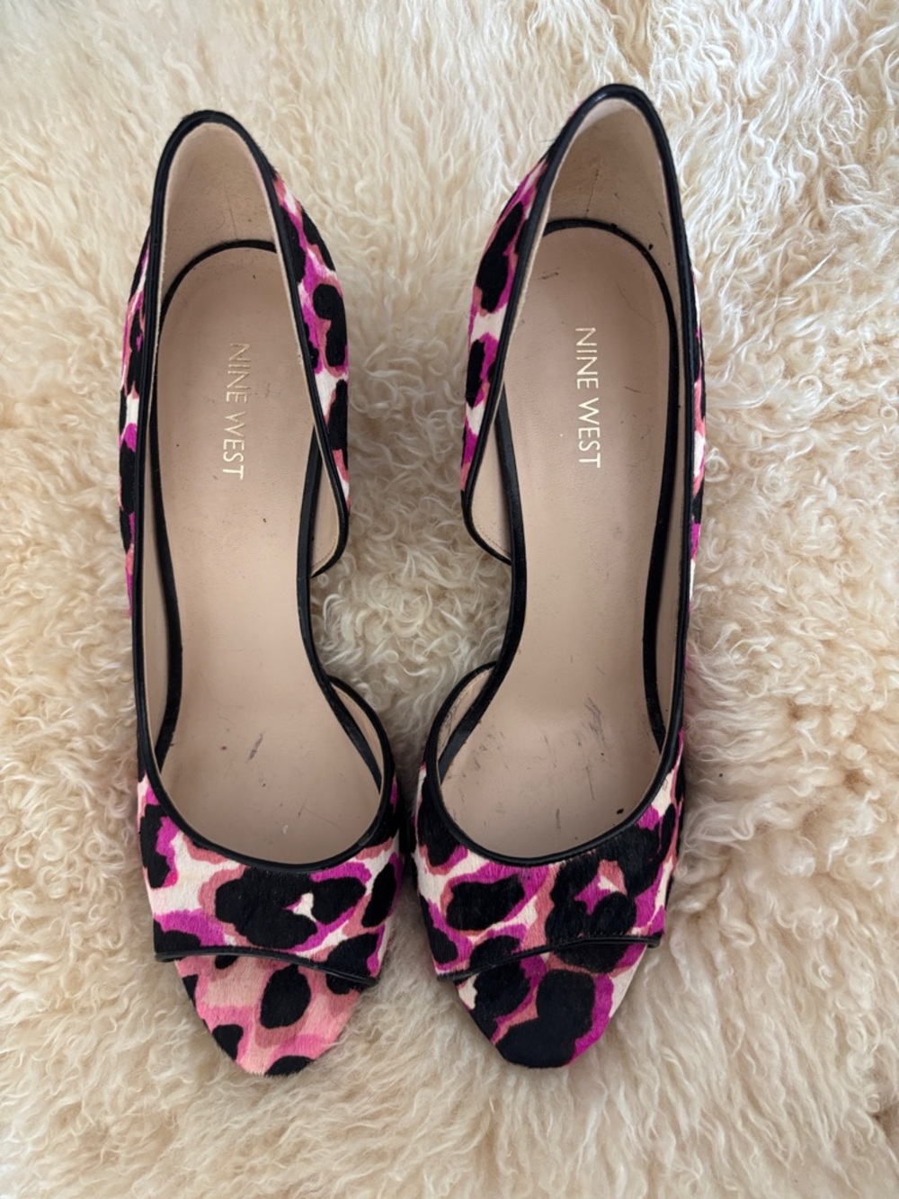 NWOT Nine West Pink and Black Leopard Print Peep-Toe Pumps